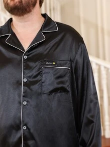 Extended Sizes Men Contrast Piping Lapel Collar PJ Set - Black - View 6