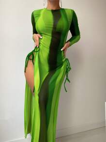 SHEIN Swim Bộ bikini thắt nút bên bãi biển mùa hè với chi tiết dây rút colorblock che phủ - màu xanh lá - Xem 1