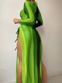 SHEIN Swim Bộ bikini thắt nút bên bãi biển mùa hè với chi tiết dây rút colorblock che phủ - màu xanh lá - Xem 2