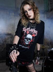 ROMWE Grunge Punk 骷髏和字母圖案落肩T恤 - 黑色 - 查看 1