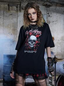 ROMWE Grunge Punk 骷髏和字母圖案落肩T恤 - 黑色 - 查看 4