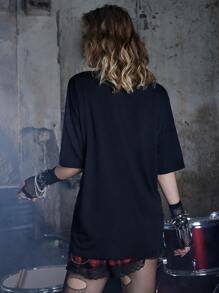 ROMWE Grunge Punk 骷髏和字母圖案落肩T恤 - 黑色 - 查看 6