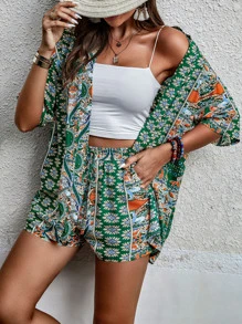 SHEIN Holidaya Allover Print Kimono & Shorts Without Cami Top - Multicolor - View 1