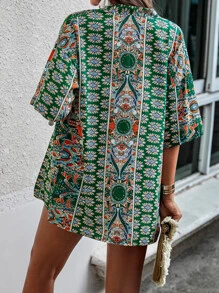 SHEIN Holidaya Allover Print Kimono & Shorts Without Cami Top - Multicolor - View 2