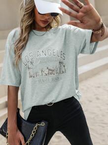 SHEIN Unity Áo thun nữ Lá thư Giải trí - Màu Xám nhạt - Xem 1