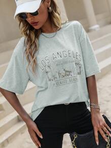 SHEIN Unity Áo thun nữ Lá thư Giải trí - Màu Xám nhạt - Xem 4