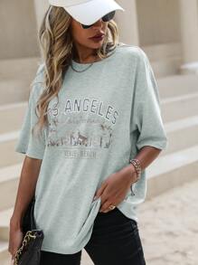 SHEIN Unity Áo thun nữ Lá thư Giải trí - Màu Xám nhạt - Xem 5