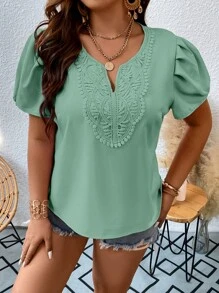 SHEIN Clasi Plus Contrast Guipure Lace Notched Neckline Blouse - Mint Green - View 3