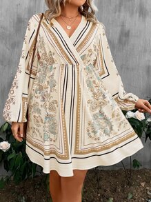 SHEIN Clasi Vestido con estampado de paisley de cuello cruzado de manga farol - Multicolor - Ver 1