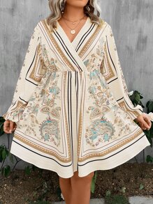 SHEIN Clasi Vestido con estampado de paisley de cuello cruzado de manga farol - Multicolor - Ver 4