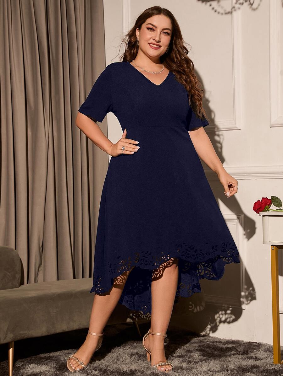 SHEIN Belle Plus Laser Cut High Low Hem Bridesmaid Dress - Navy Blue - View 1