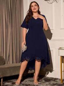 SHEIN Belle Plus Laser Cut High Low Hem Bridesmaid Dress - Navy Blue - View 6