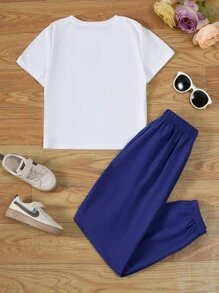 SHEIN Conjunto de camiseta estampada casual para meninas adolescentes com calça cargo para o verão