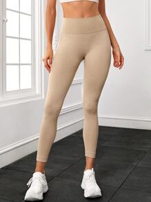Yoga Basic Quần Leggings Thể thao Nữ màu trơn - Màu Khaki - Xem 3