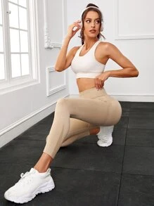 Yoga Basic Quần Leggings Thể thao Nữ màu trơn - Màu Khaki - Xem 5