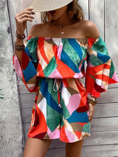 Breezaya Geo Print Off Shoulder Knot Front Romper