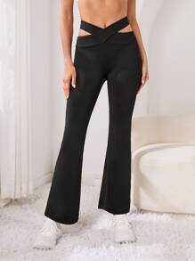 Cut Out Waist Flare Leg Pants - Black - View 3