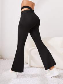 Cut Out Waist Flare Leg Pants - Black - View 1