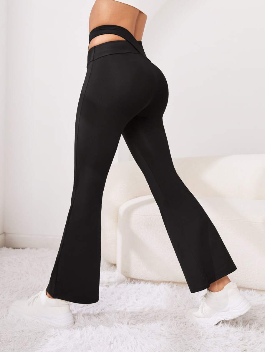 Cut Out Waist Flare Leg Pants - Black - View 1