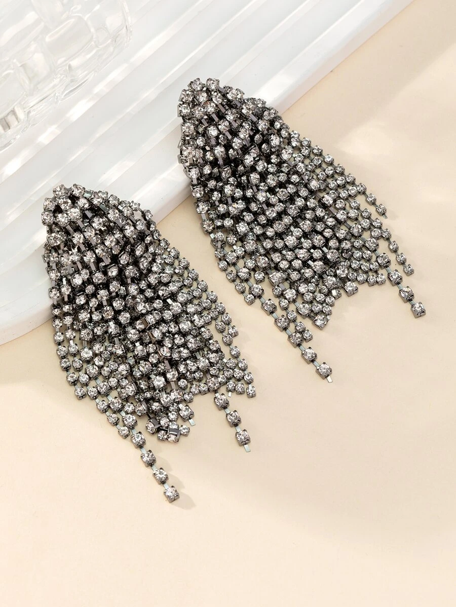 Rhinestone Tassel Drop Earrings - Gun Black - View 1
