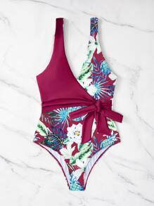 熱帶圖案側打結連體泳衣 - 彩色 - 查看 3