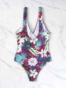 熱帶圖案側打結連體泳衣 - 彩色 - 查看 4