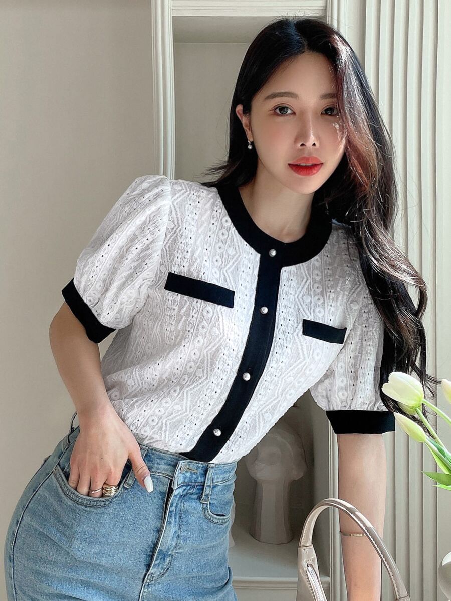 DAZY Contrast Trim Puff Sleeve Button Front Blouse - Black and White - View 1