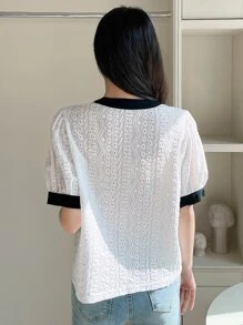 DAZY Contrast Trim Puff Sleeve Button Front Blouse - Black and White - View 2