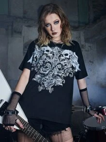 ROMWE Grunge Punk Áo thun nữ Đồ họa Lễ Các Thánh Giải trí - màu đen - Xem 1