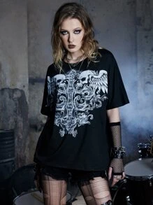 ROMWE Grunge Punk Áo thun nữ Đồ họa Lễ Các Thánh Giải trí - màu đen - Xem 2