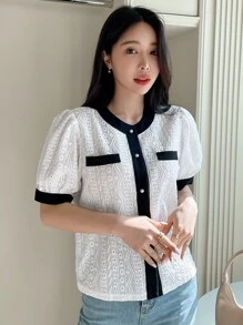DAZY Contrast Trim Puff Sleeve Button Front Blouse - Black and White - View 5