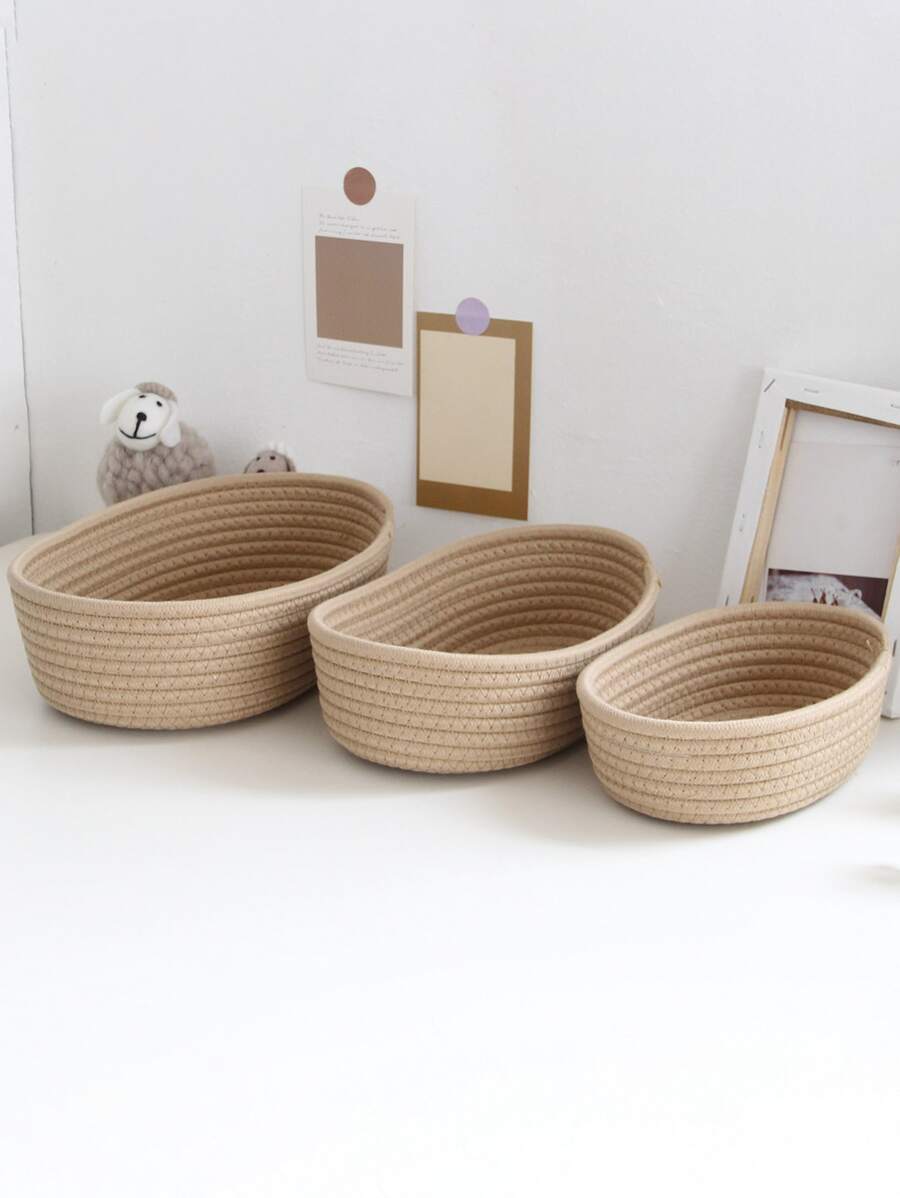 1pc Solid Color Woven Desktop Storage Basket, Modern Fabric Desktop Organizer For Home - Khaki - View 1