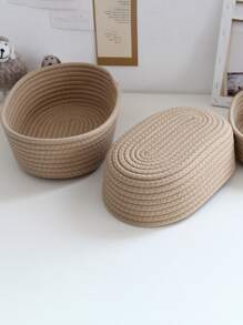 1pc Solid Color Woven Desktop Storage Basket, Modern Fabric Desktop Organizer For Home - Khaki - View 4
