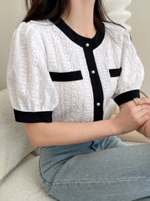 DAZY Contrast Trim Puff Sleeve Button Front Blouse - Black and White - View 6