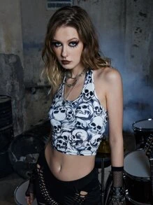 ROMWE Grunge Punk Skull Graphic Halter Top - Black and White - View 4
