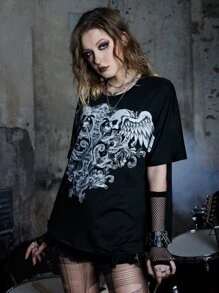 ROMWE Grunge Punk Áo thun nữ Đồ họa Lễ Các Thánh Giải trí - màu đen - Xem 5