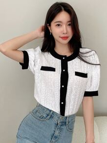 DAZY Contrast Trim Puff Sleeve Button Front Blouse - Black and White - View 8