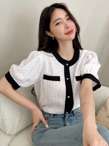 DAZY Contrast Trim Puff Sleeve Button Front Blouse - Black and White - View 9