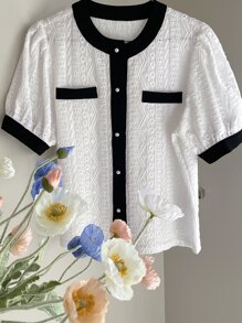DAZY Contrast Trim Puff Sleeve Button Front Blouse - Black and White - View 10