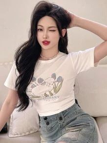 DAZY Floral & Letter Graphic Crop Tee - White - View 1