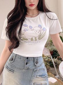 DAZY Floral & Letter Graphic Crop Tee - White - View 4