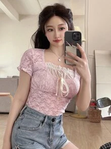 DAZY Contrast Lace Tie Front Crop Top - Baby Pink - View 1