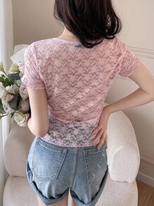 DAZY Contrast Lace Tie Front Crop Top - Baby Pink - View 2