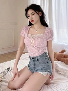 DAZY Contrast Lace Tie Front Crop Top - Baby Pink - View 6