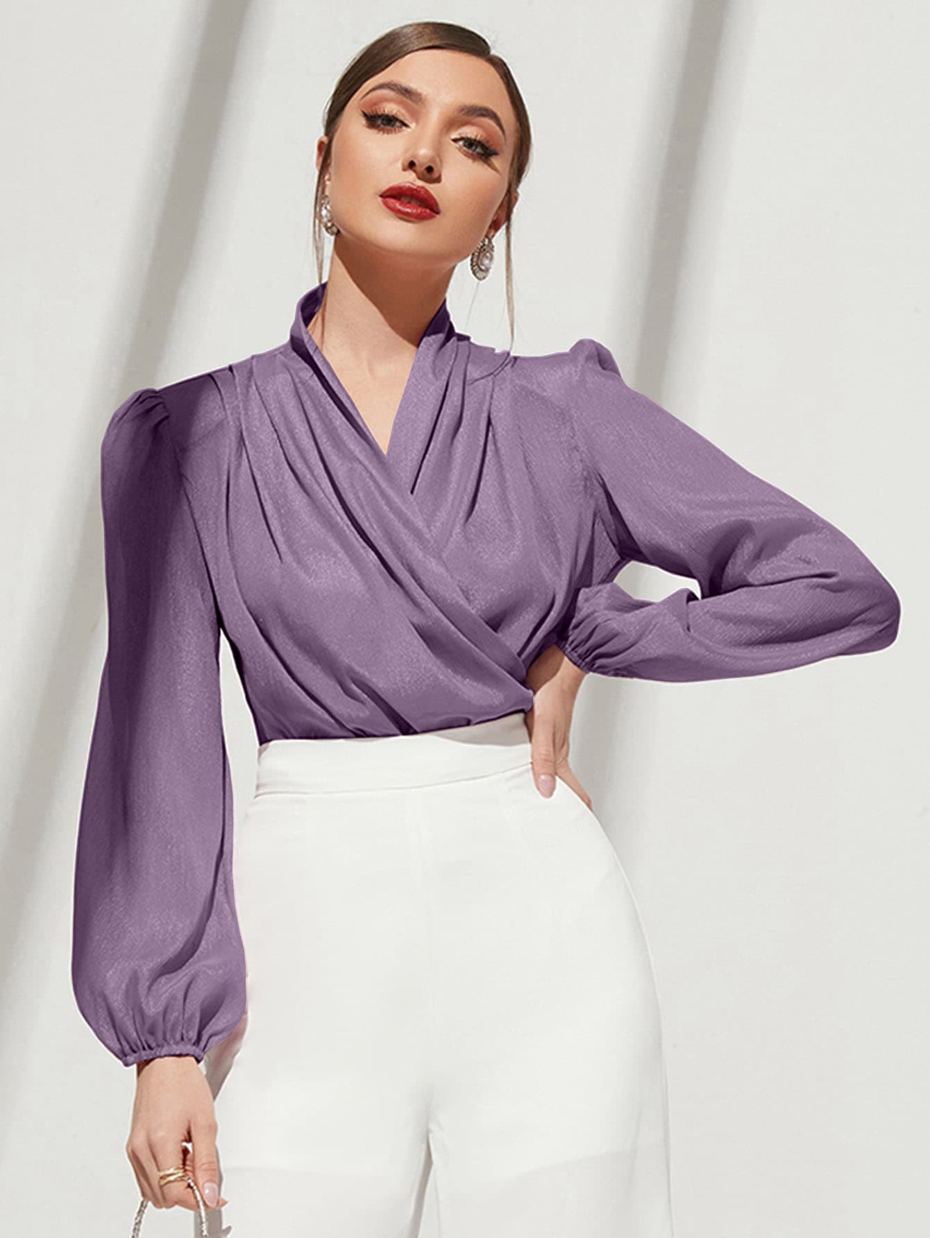 Modelyn Áo sơ mi nữ Trọn gói màu trơn Thanh lịch - Màu tím hoa cà - Xem 1