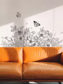 1 件花卉和蝴蝶图案墙贴，现代线条花卉图案 PVC 墙贴，用于家居装饰，贴纸，墙贴，乙烯基贴花，用于家居装饰，春季装饰品让您的家焕然一新，拉玛装饰贴纸礼物生日毕业