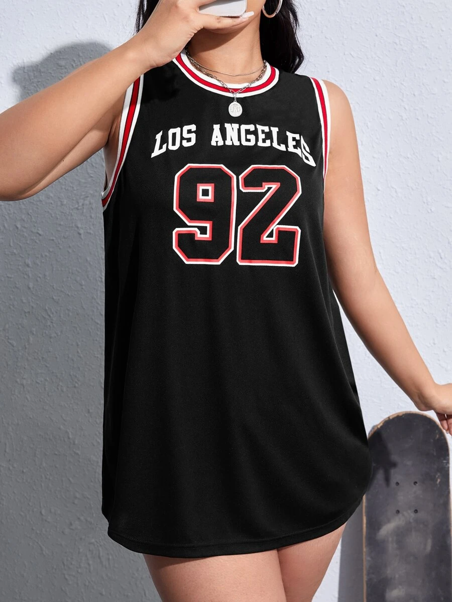 SHEIN EZwear 夏季加大字母图案条纹装饰背心 - 黑色 - 查看 1