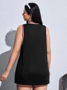 SHEIN EZwear 夏季加大字母图案条纹装饰背心 - 黑色 - 查看 2