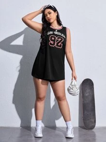 SHEIN EZwear 夏季加大字母图案条纹装饰背心 - 黑色 - 查看 4