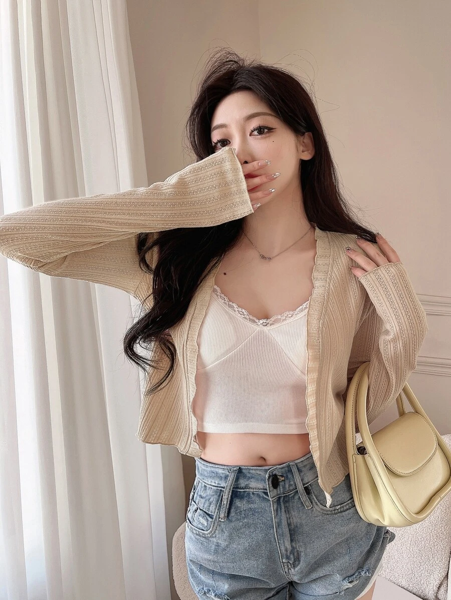 DAZY Chất rắn Mở Mặt trước Top Cây trồng - Màu Khaki - Xem 1